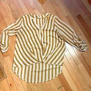 NY Collection B Striped Twist Front Roll Tab Sleeve Blouse Yellow Black M T22-12
